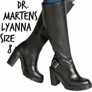 Dr. Martens black leather knee high Lyanna air walk platform heeled boots sz 8